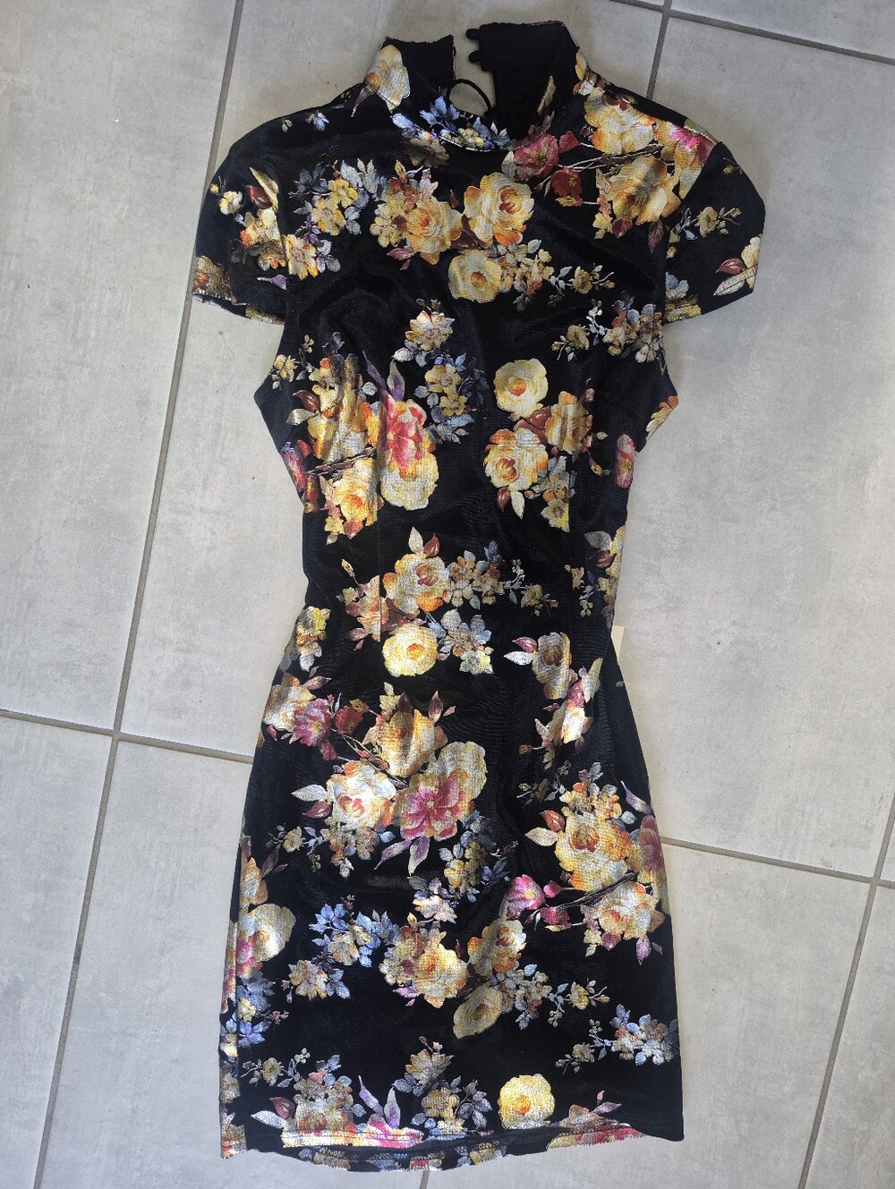 I.AM.GIA Black Floral Velvet Mini Dress with Gold & Pink Accents